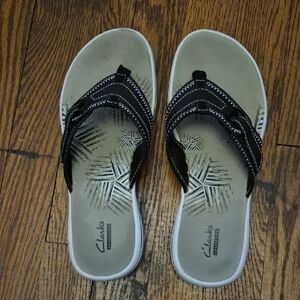 Clarks Black and Gray Palm-Print Slide Sandals